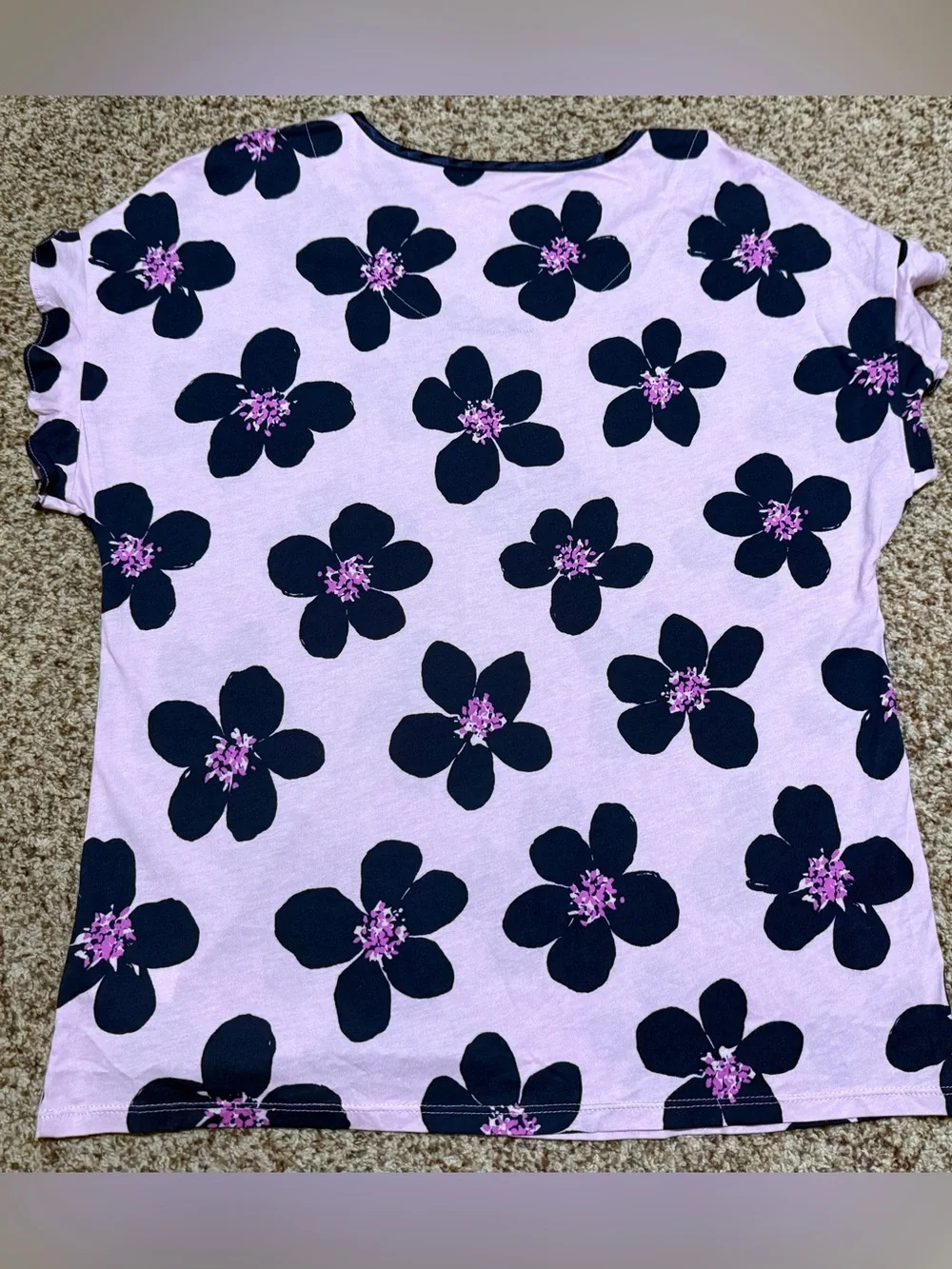 kate spade Lilac Floral Short Sleeve Pajama Top with Navy Flowers Womens M EUC